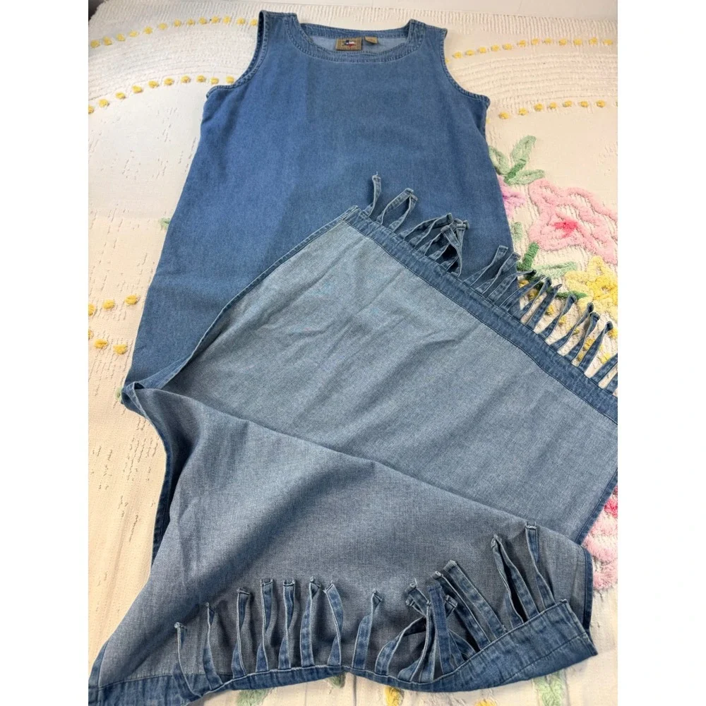 Dont Mess With Texas Denim Fringe Maxi Dress and Jacket Set Blue Medium Vintage